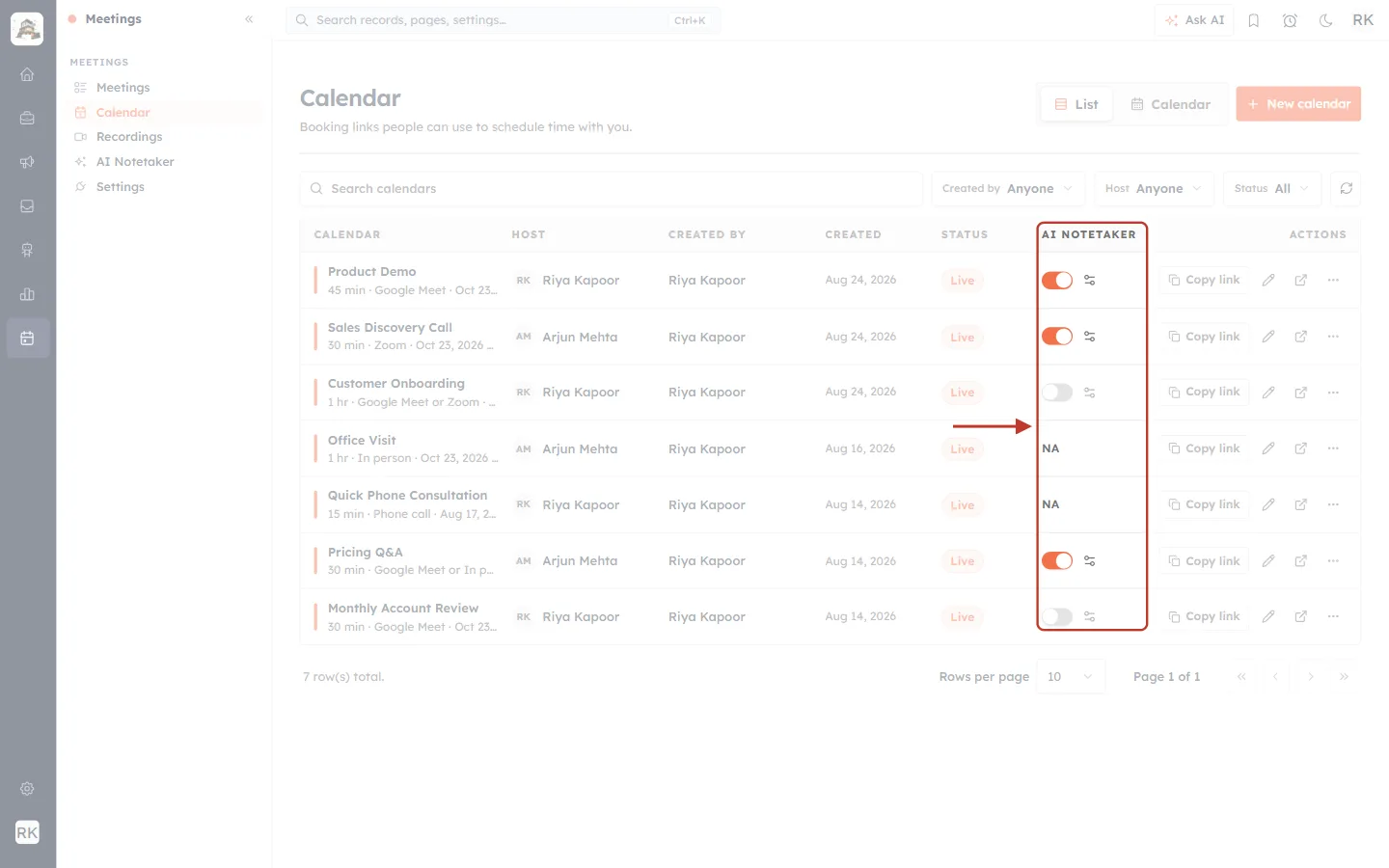 Calendar list with the AI NOTETAKER column highlighted