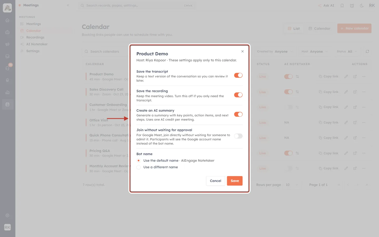 AI Notetaker settings window for the Product Demo calendar