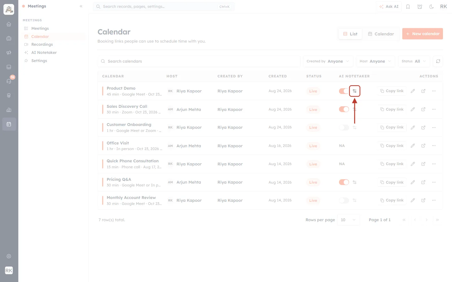 Settings (sliders) icon next to the Product Demo AI Notetaker switch