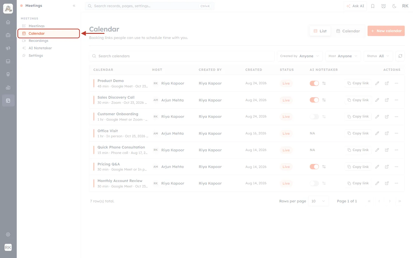 Meetings menu with the Calendar item highlighted