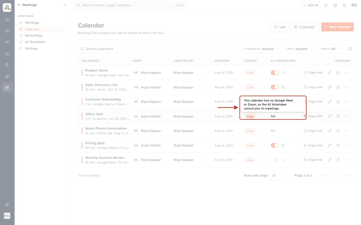 Tooltip on NA explaining the calendar has no Google Meet or Zoom