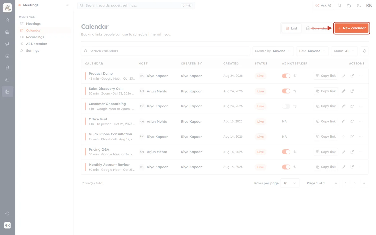 New calendar button on the Calendar page