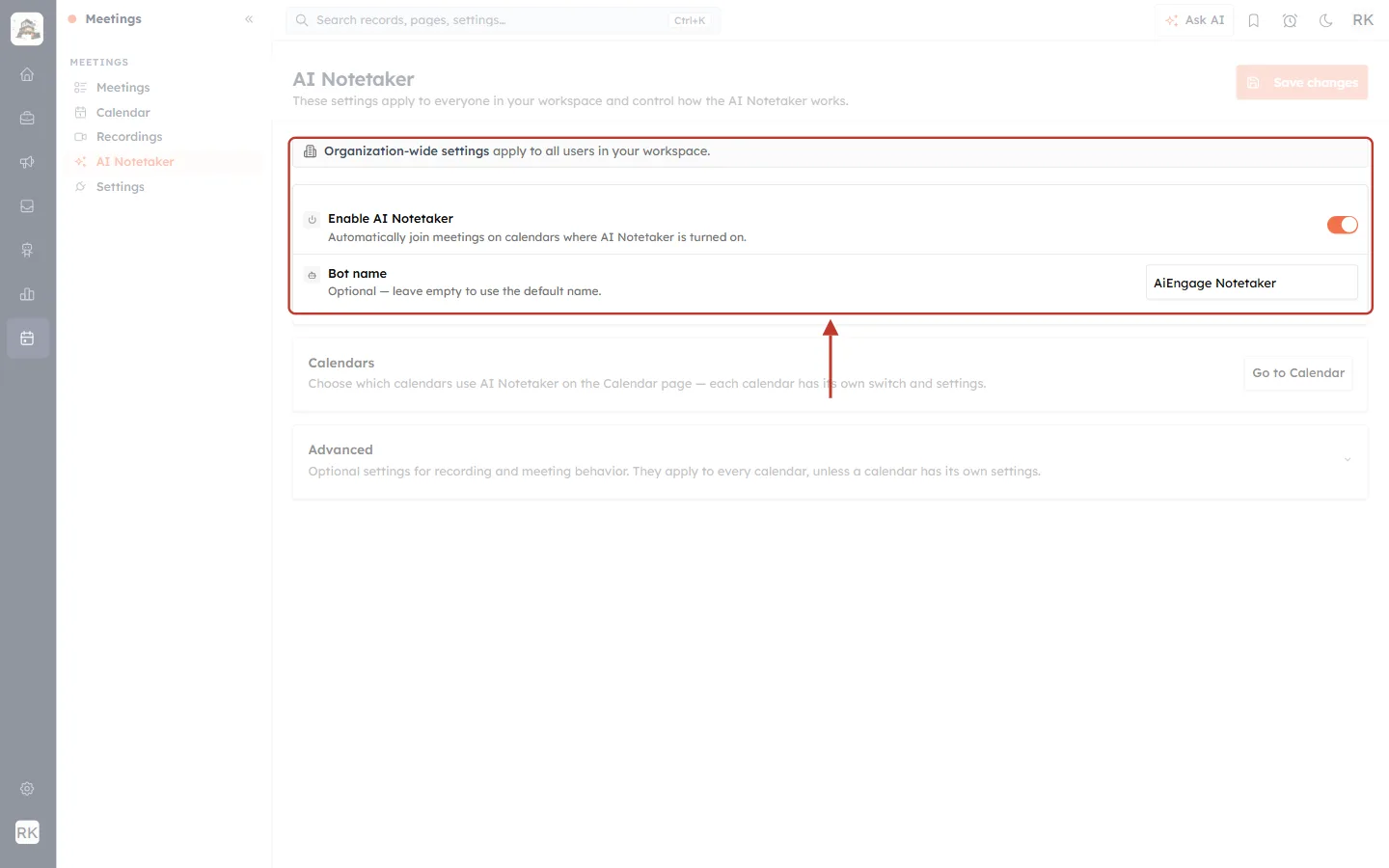 AI Notetaker settings page with the organisation-wide notice and main settings highlighted