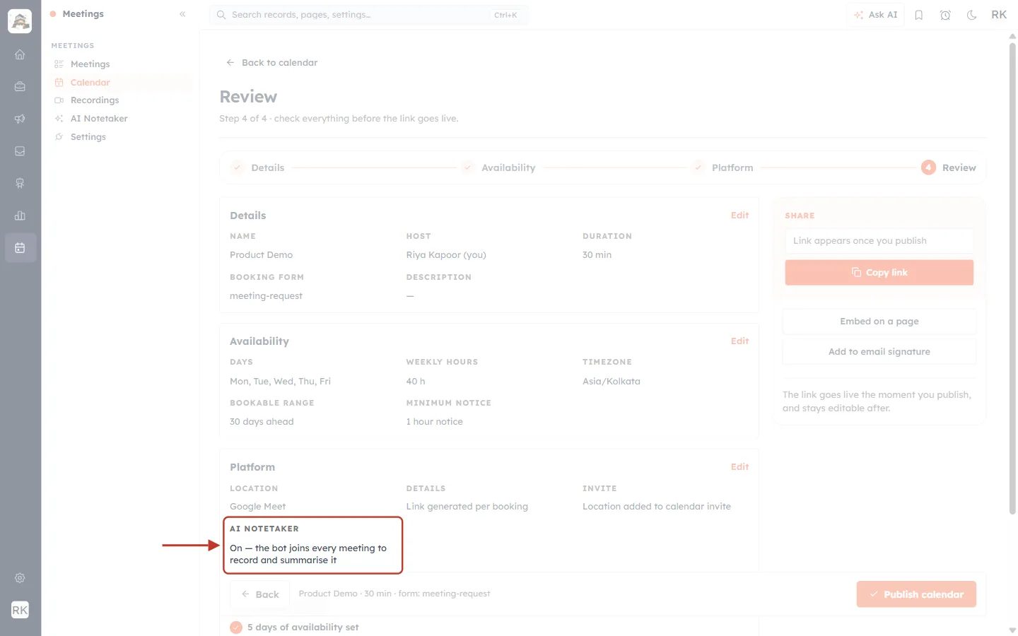 Review step showing AI Notetaker On