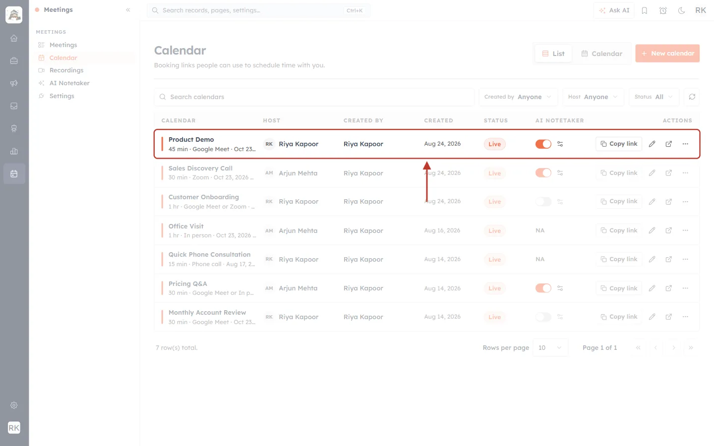 One calendar row in the list, highlighted