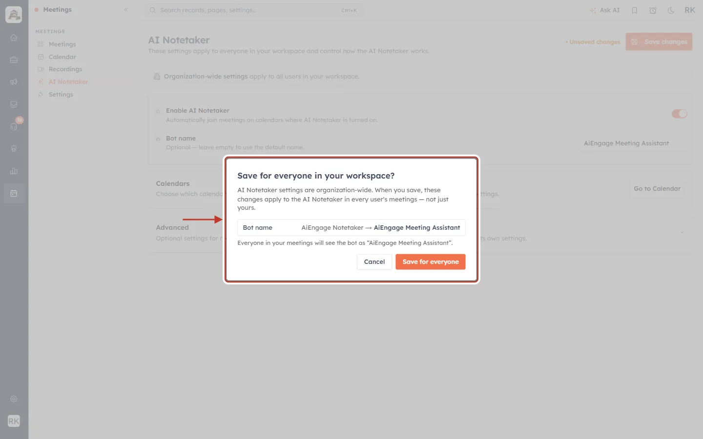 Save for everyone in your workspace confirmation popup