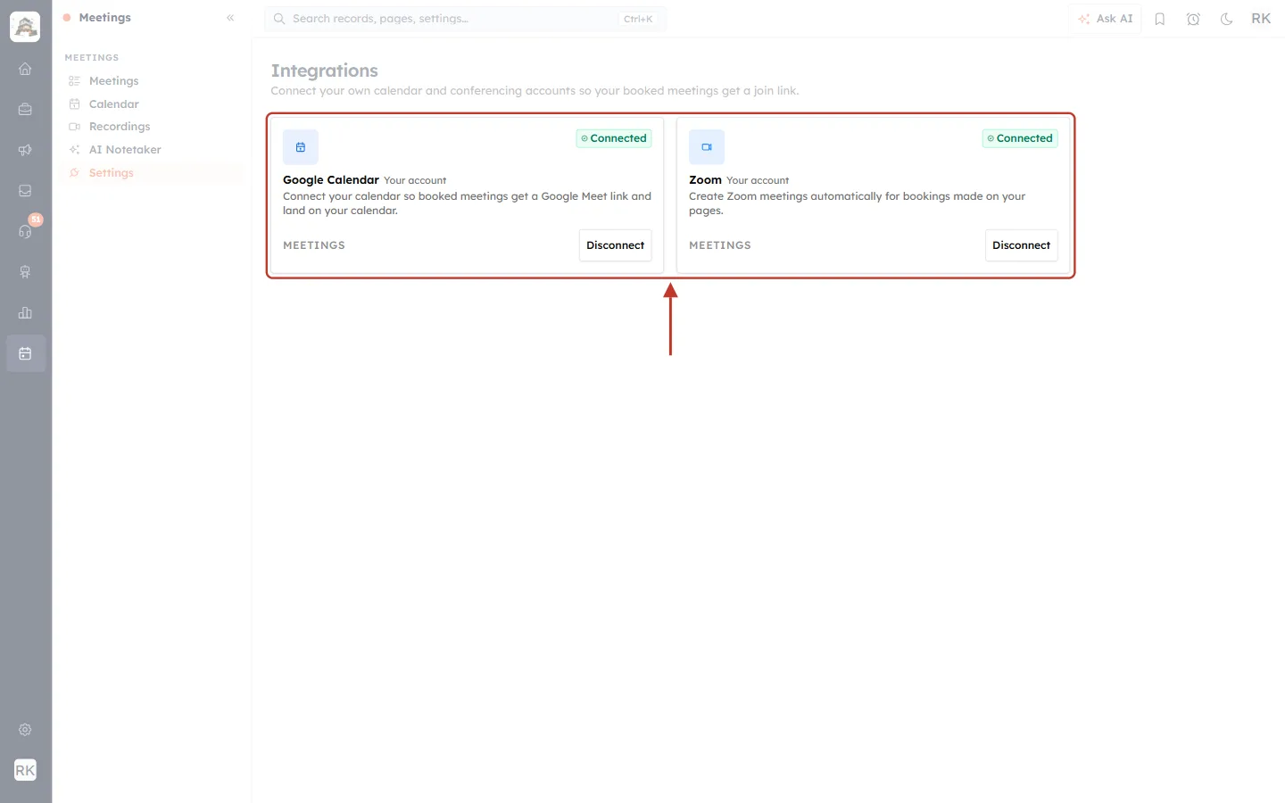 Google Calendar and Zoom connection cards