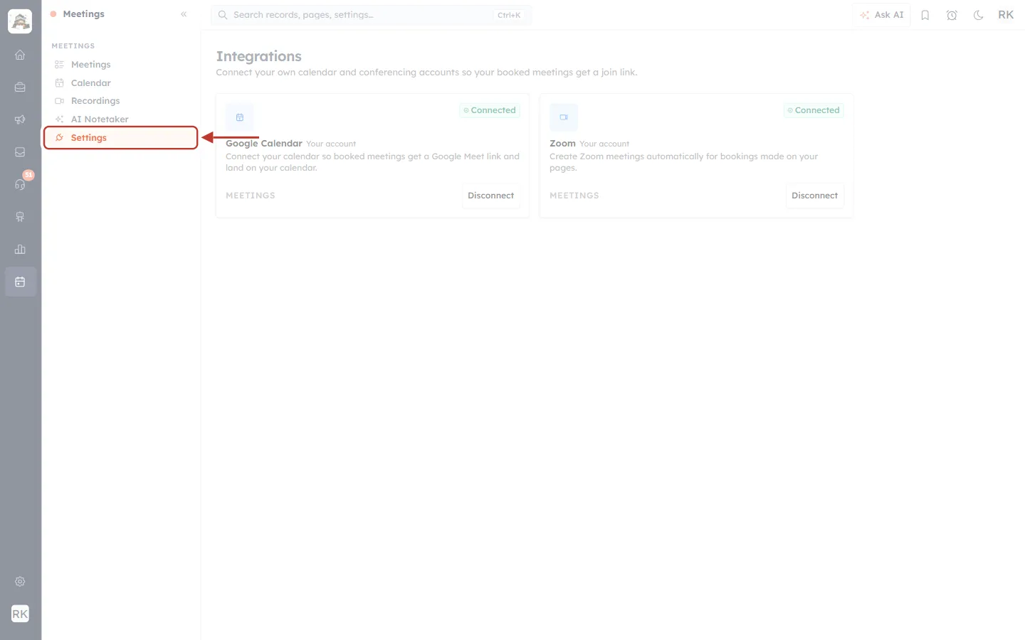 Settings item in the Meetings menu
