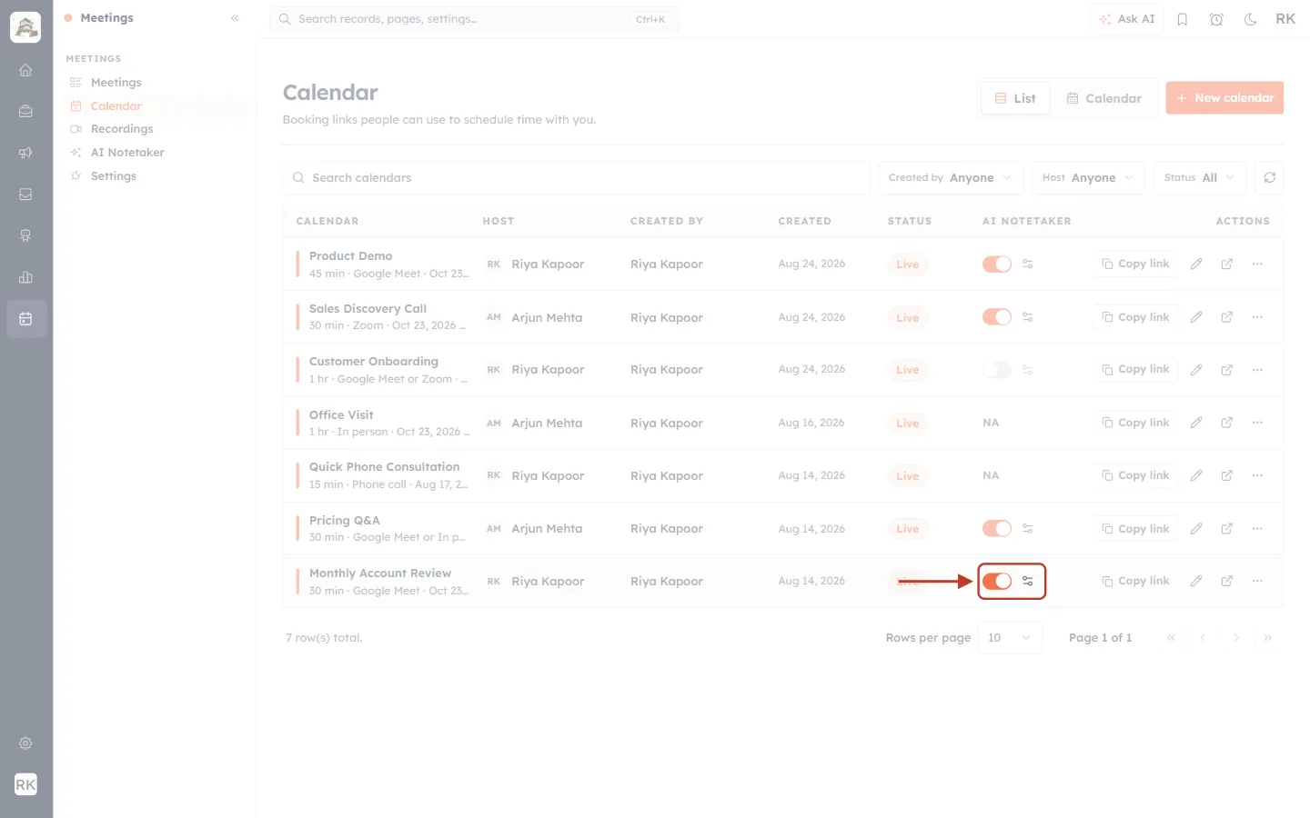 AI Notetaker switch turned on for the Monthly Account Review calendar