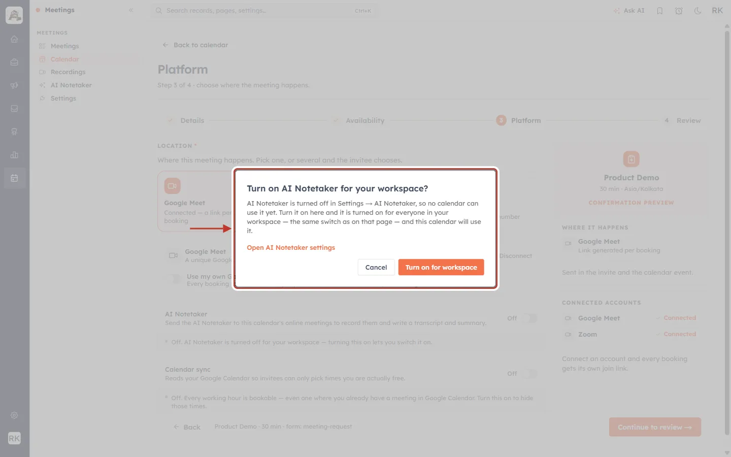 Turn on AI Notetaker for your workspace confirmation