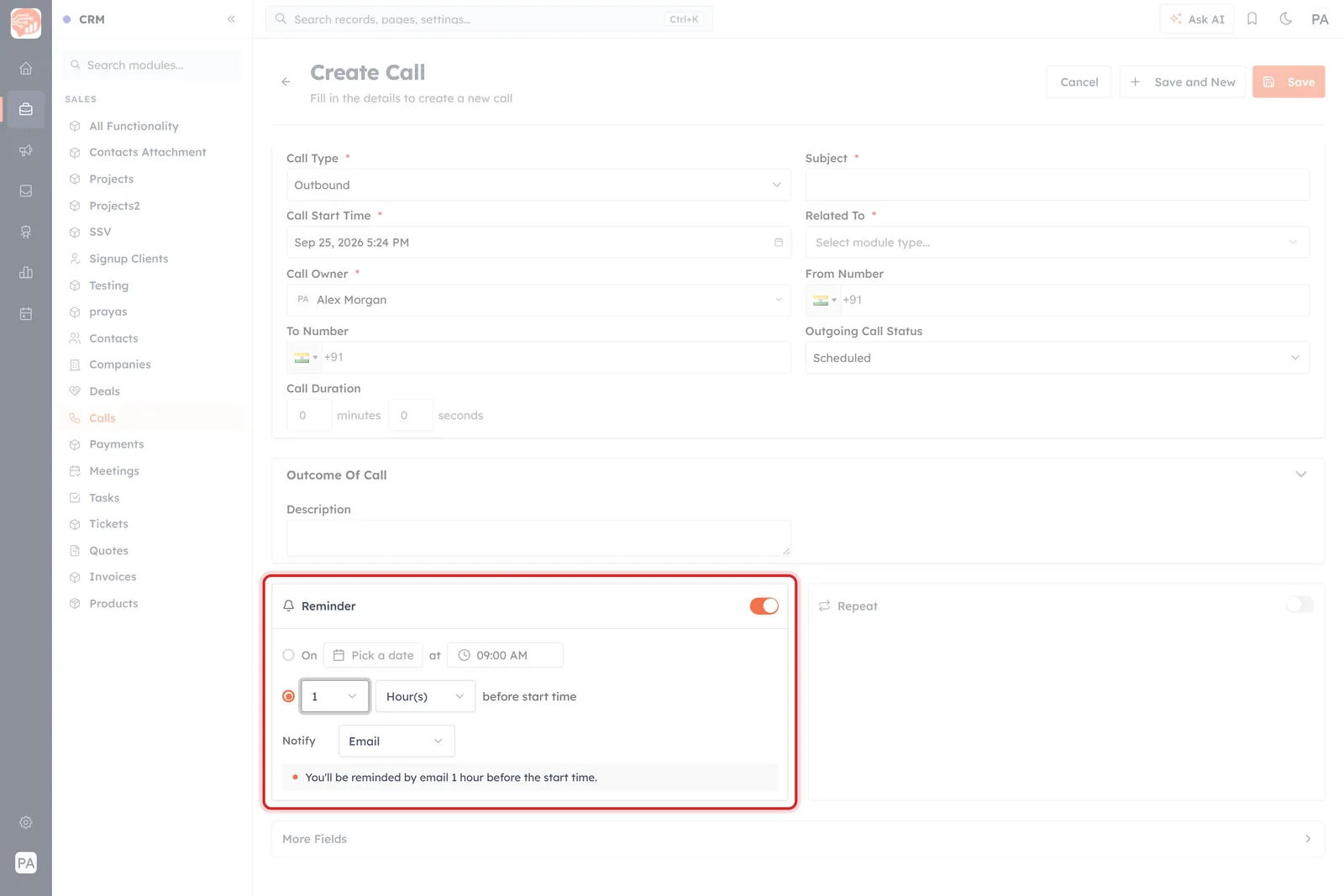 The Log Call form with the Reminder panel set to 1 hour before the start time