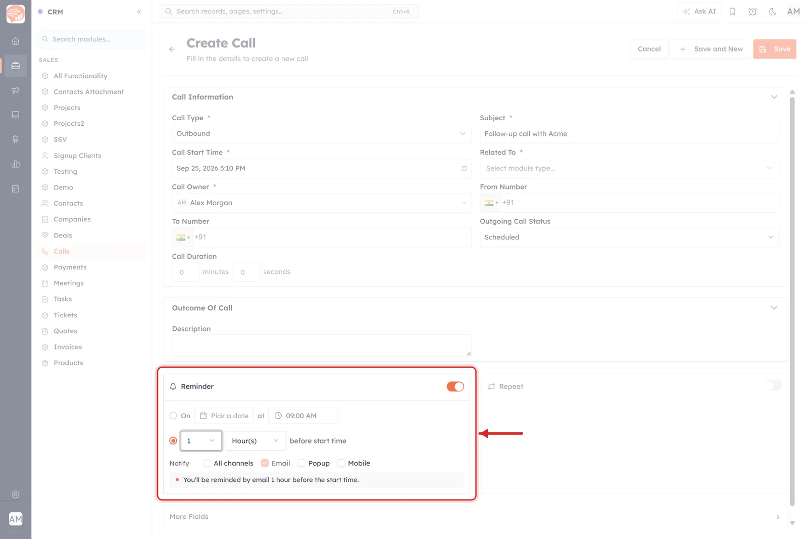 The Create Call form with the Reminder panel ringed in red, set to 1 Hour(s) before start time