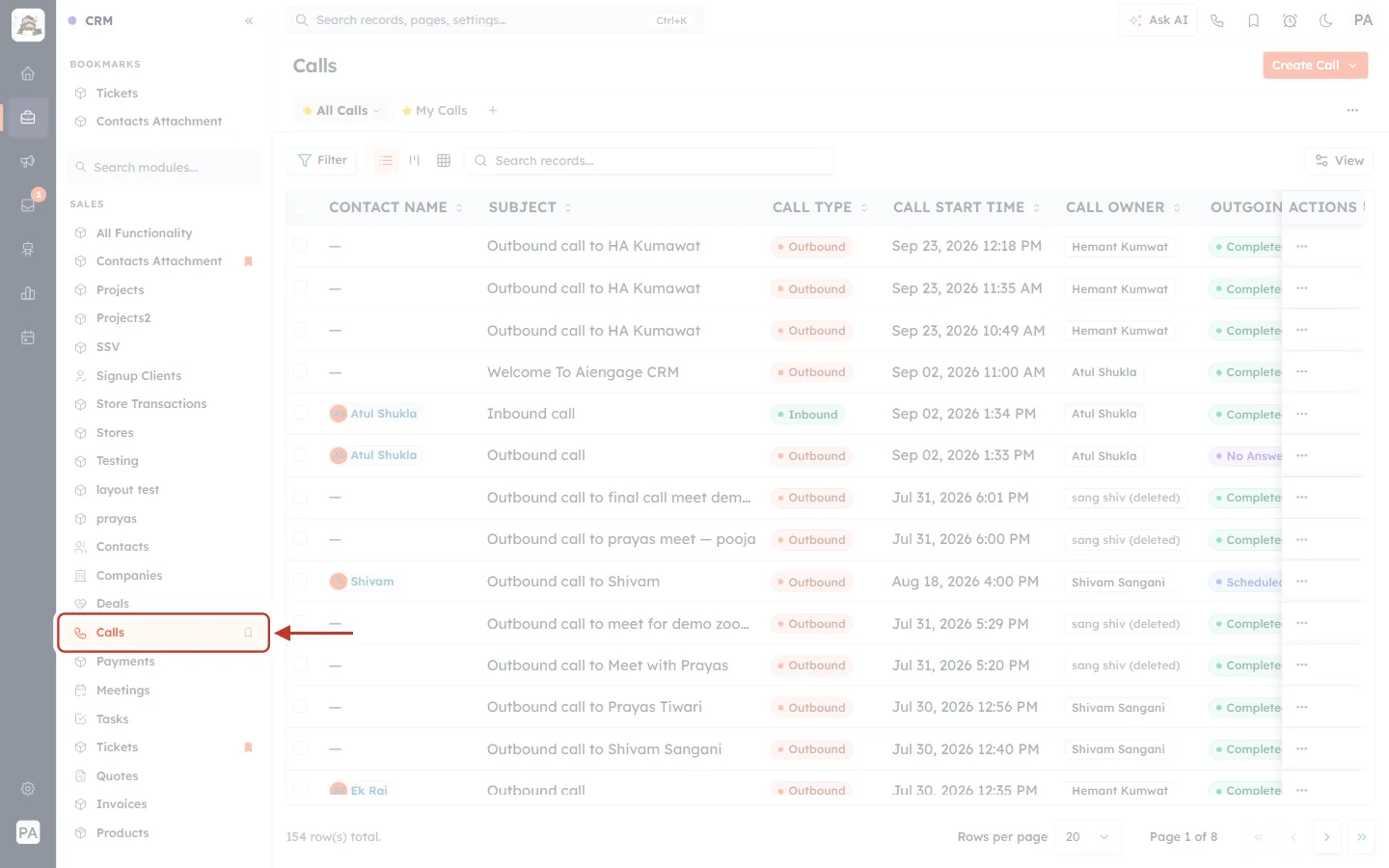 Calls in the CRM left menu