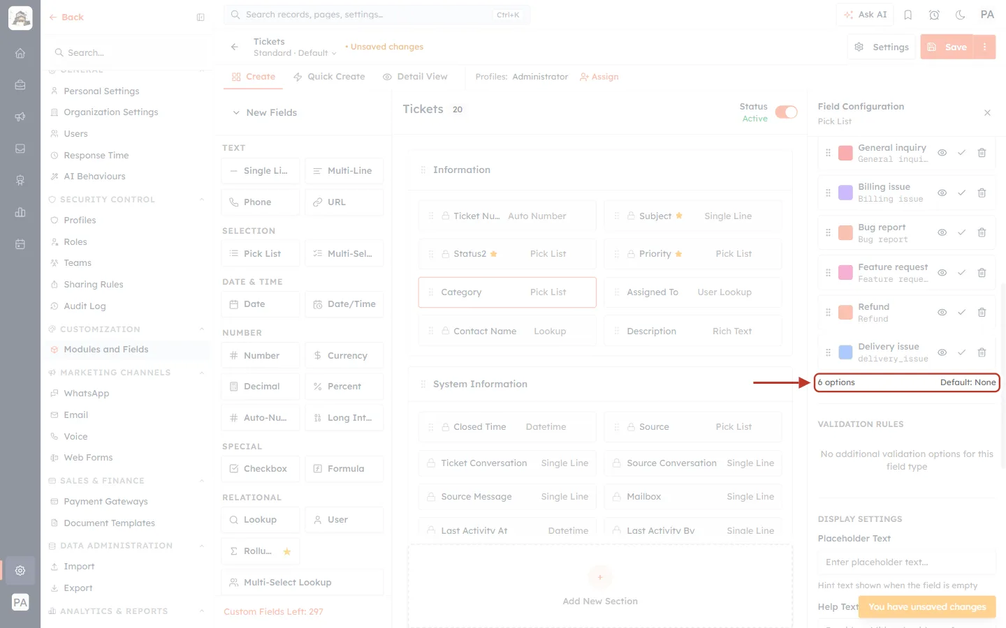 Number of options and default