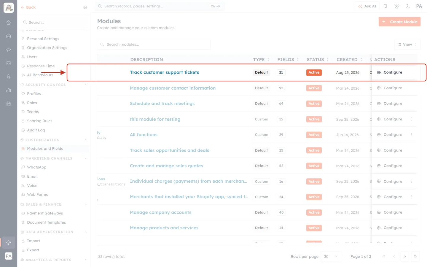 The Tickets module in the Modules list