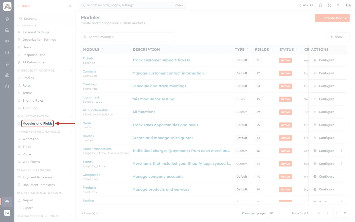 Modules and Fields in the settings menu