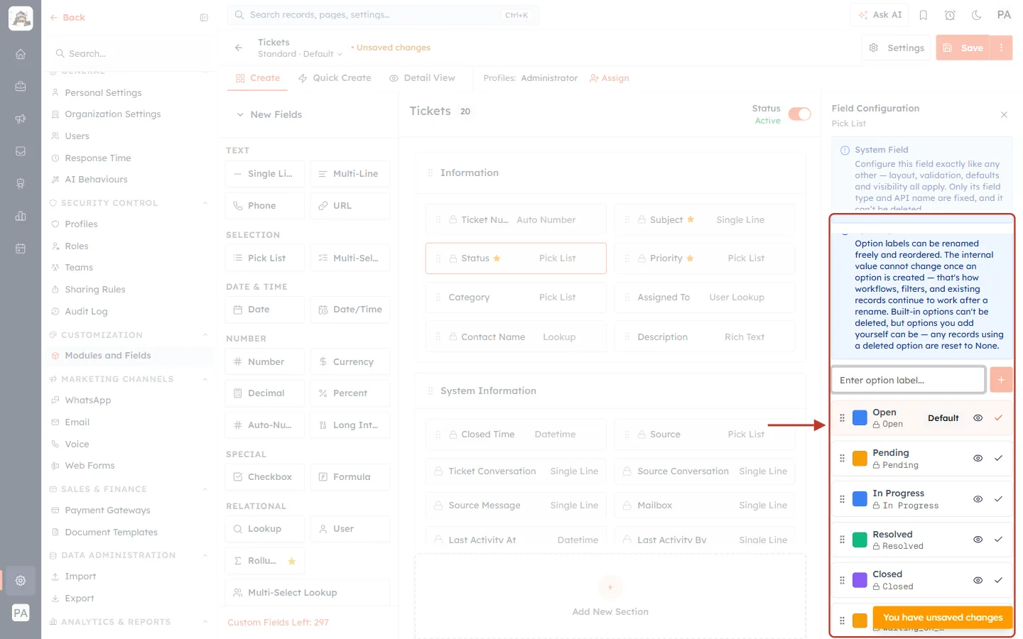 The new status in the list