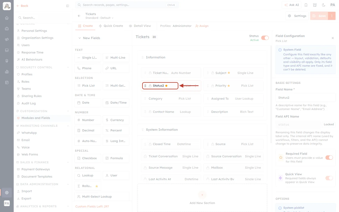 The Status field on the form