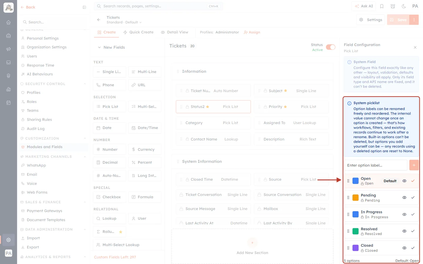 The status options
