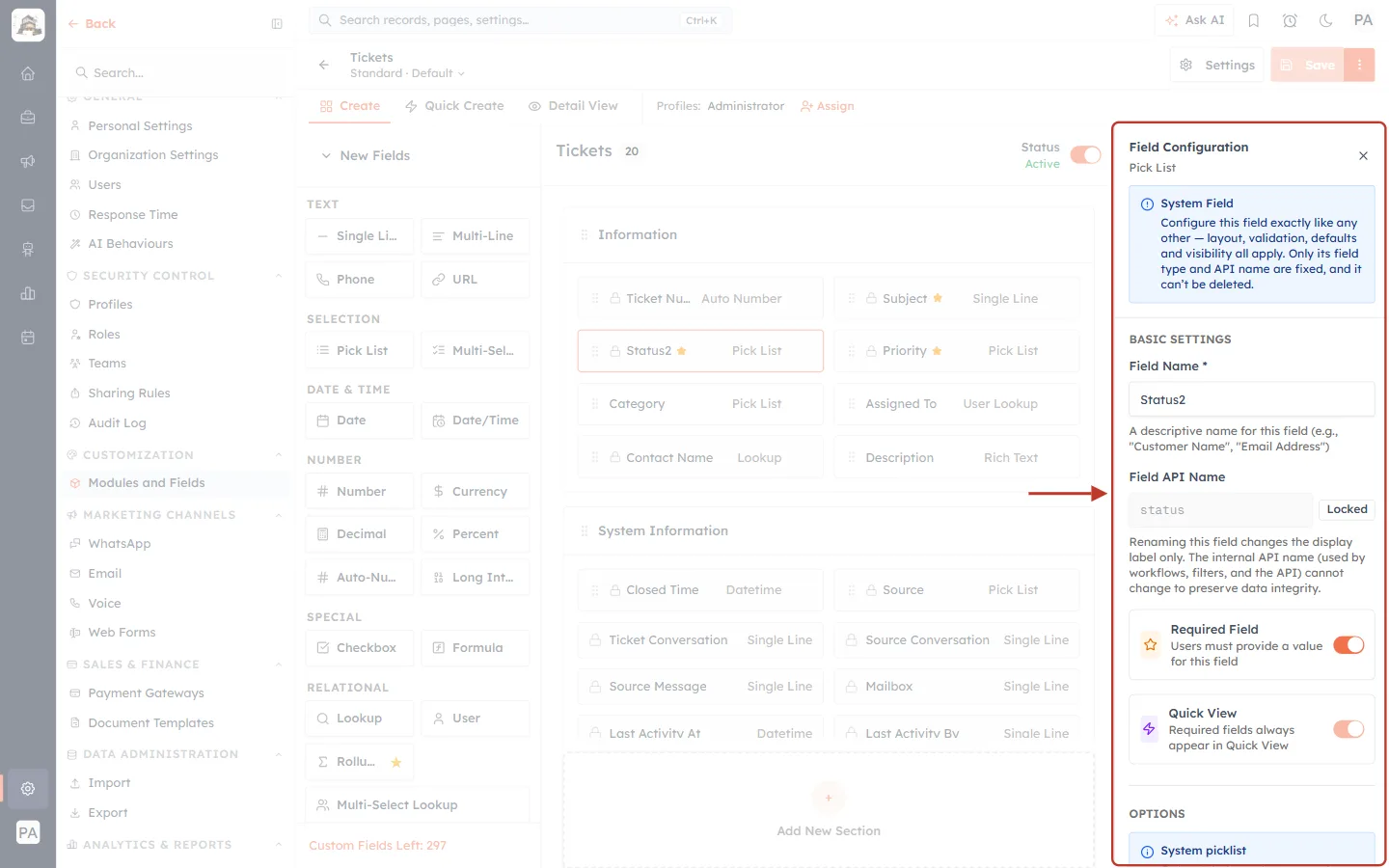 System Field notice and field name
