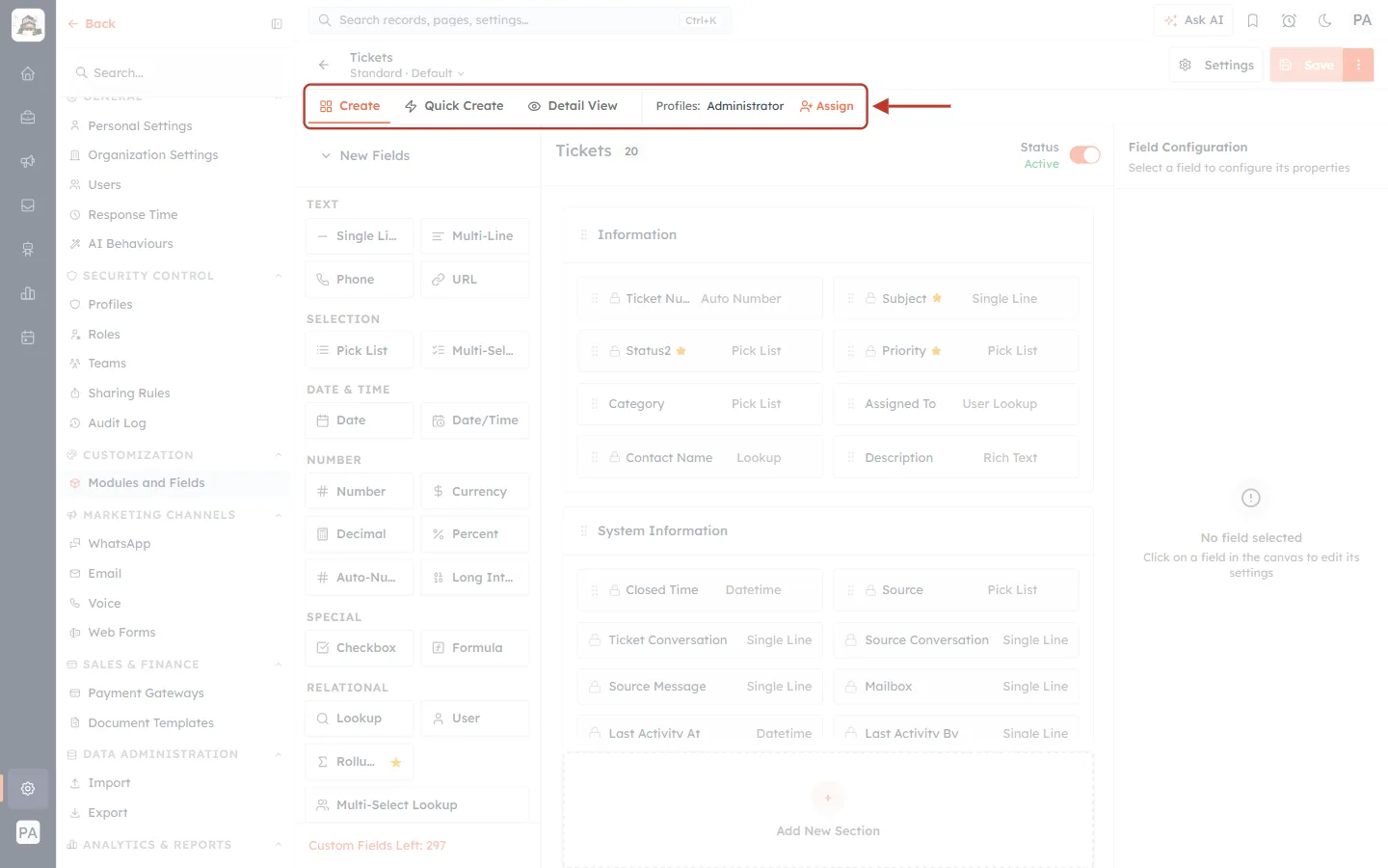 Create, Quick Create and Detail View tabs