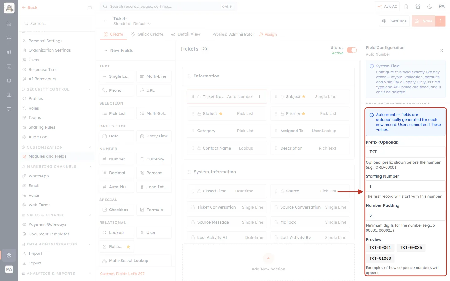 Auto-number configuration