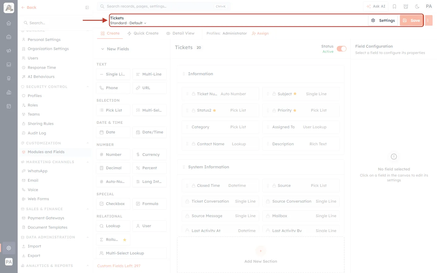 The field builder header