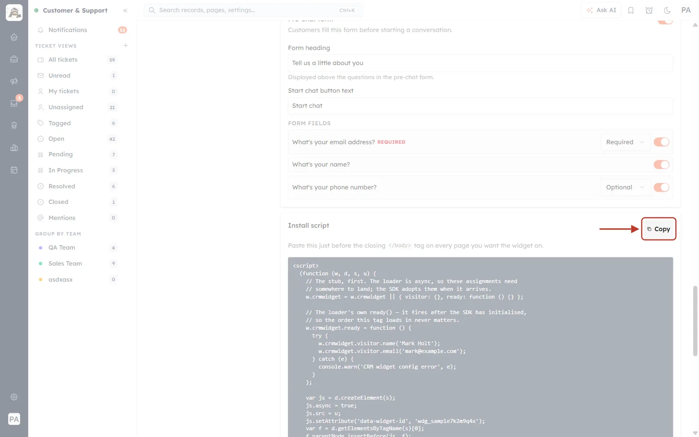The Copy button of the install script