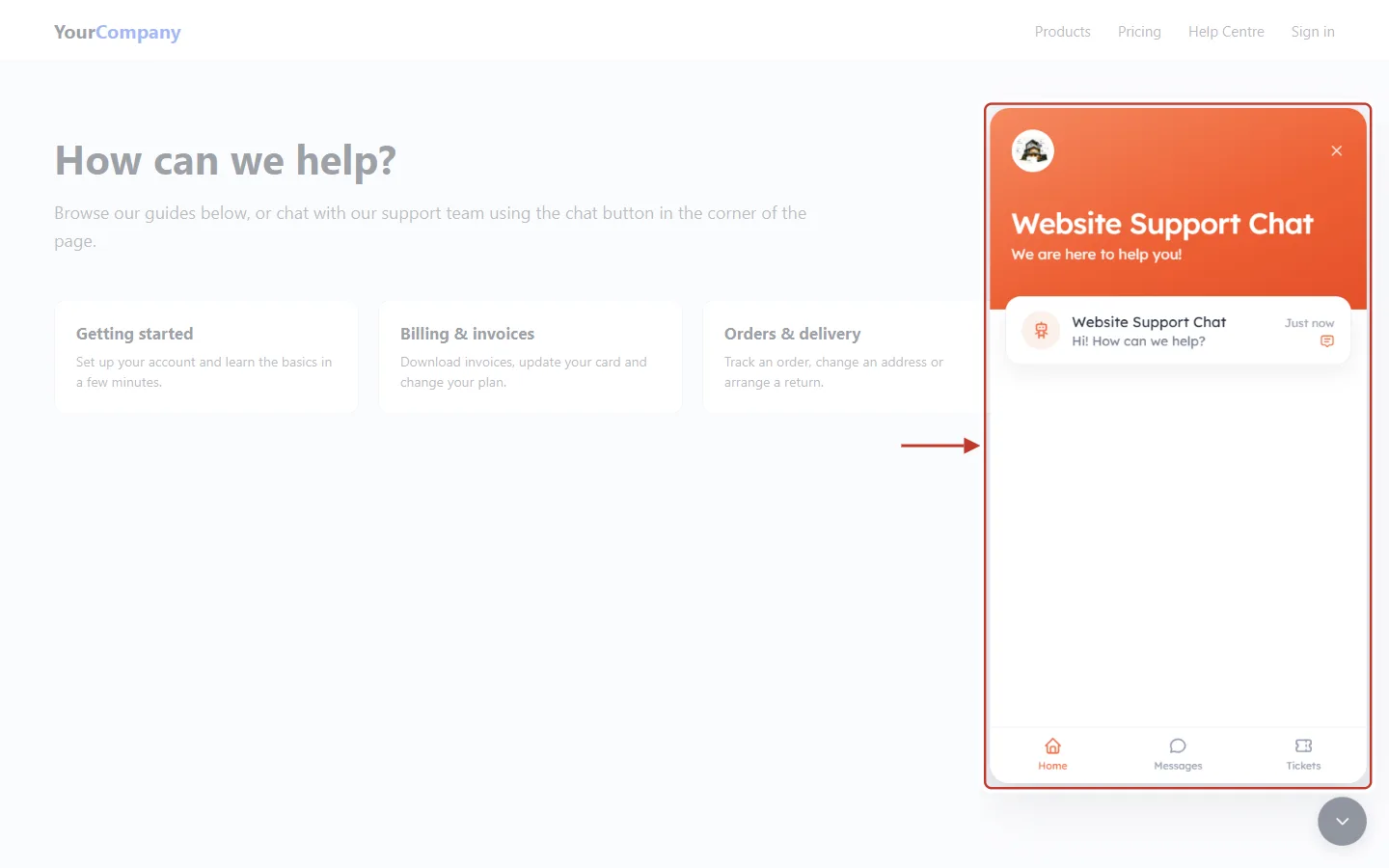 The chat widget opened on the website