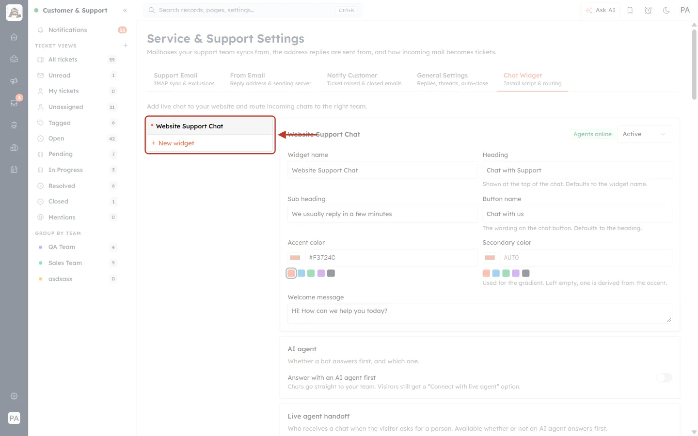 The widget list with Website Support Chat selected