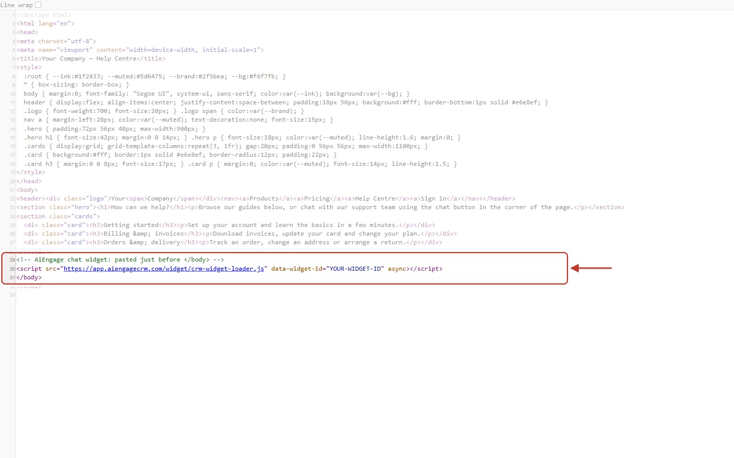 Page source of a website with the chat widget script just before </body>