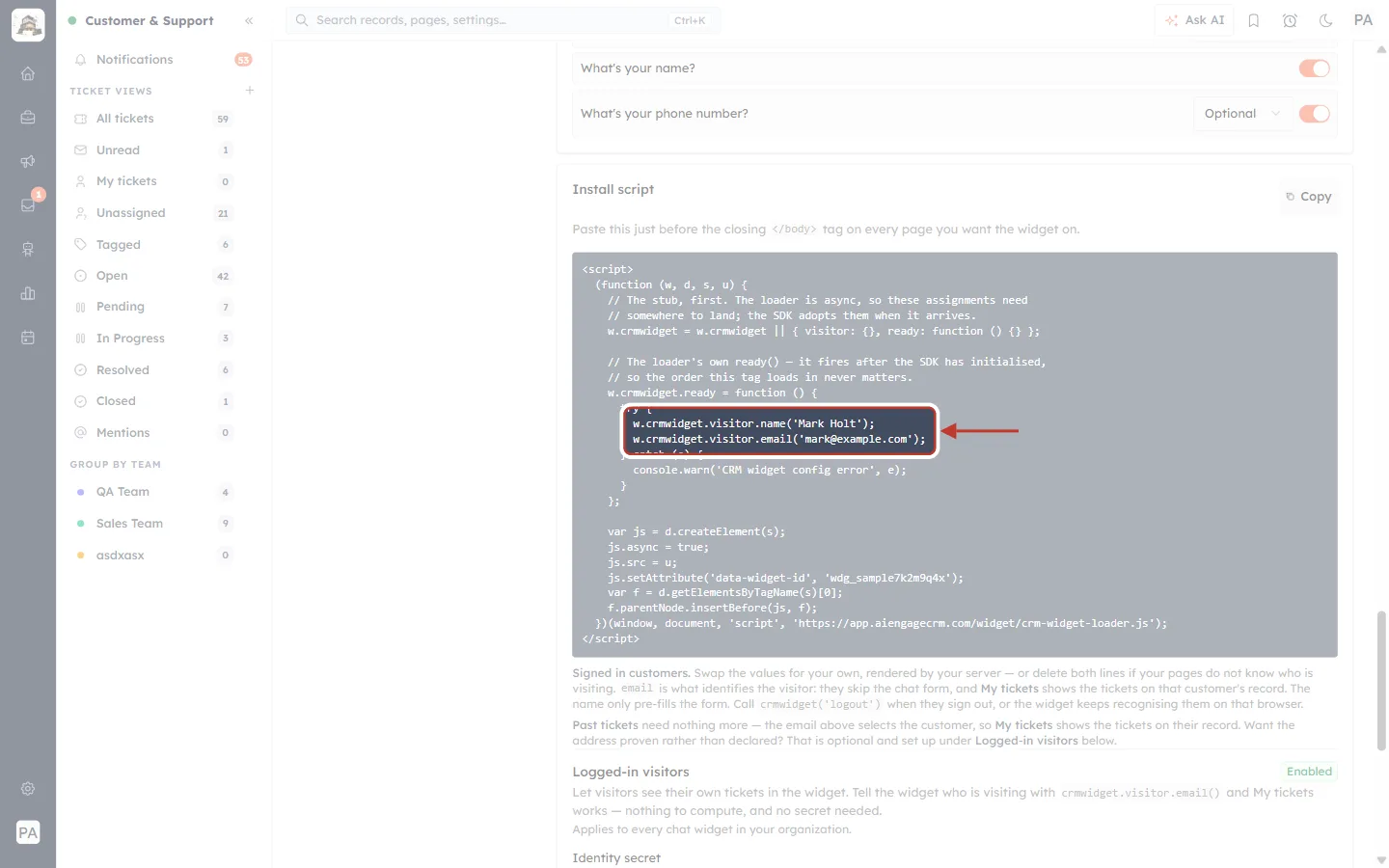 The visitor name and email lines in the install script