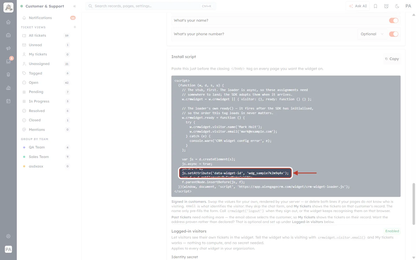 The data-widget-id line in the install script