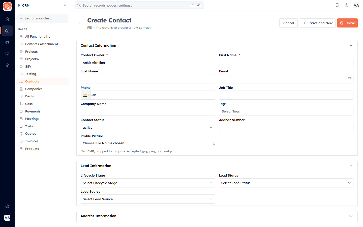 The Create Contact form with Contact Information and Lead Information