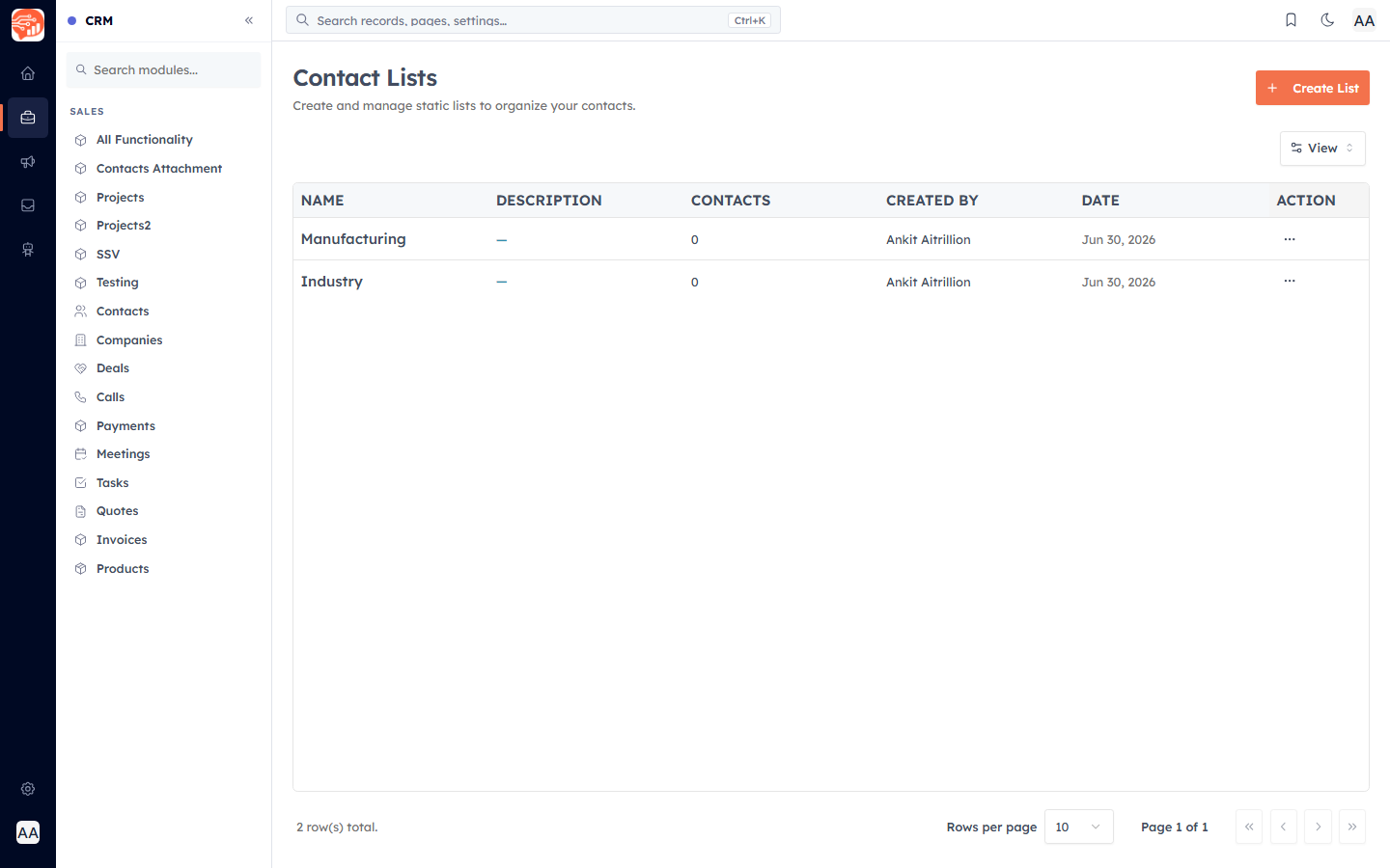 The Contact Lists page
