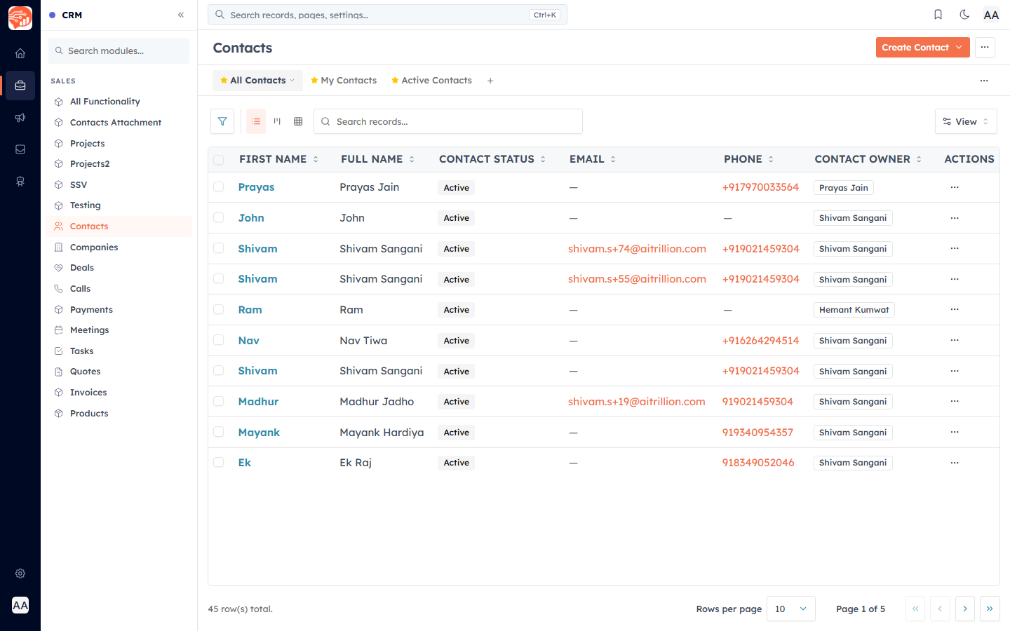 The Contacts list under the Sales section