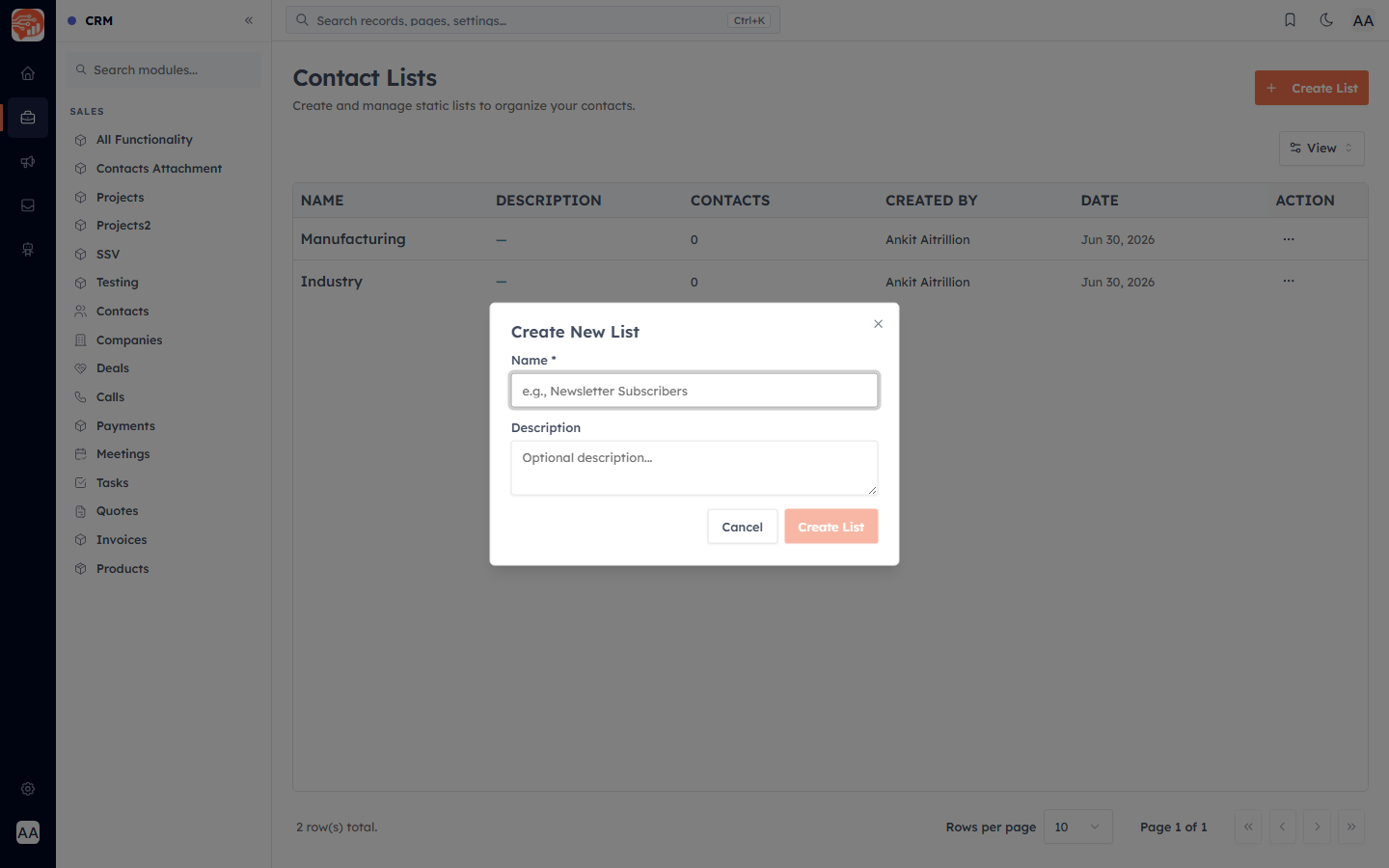 The Create New List dialog