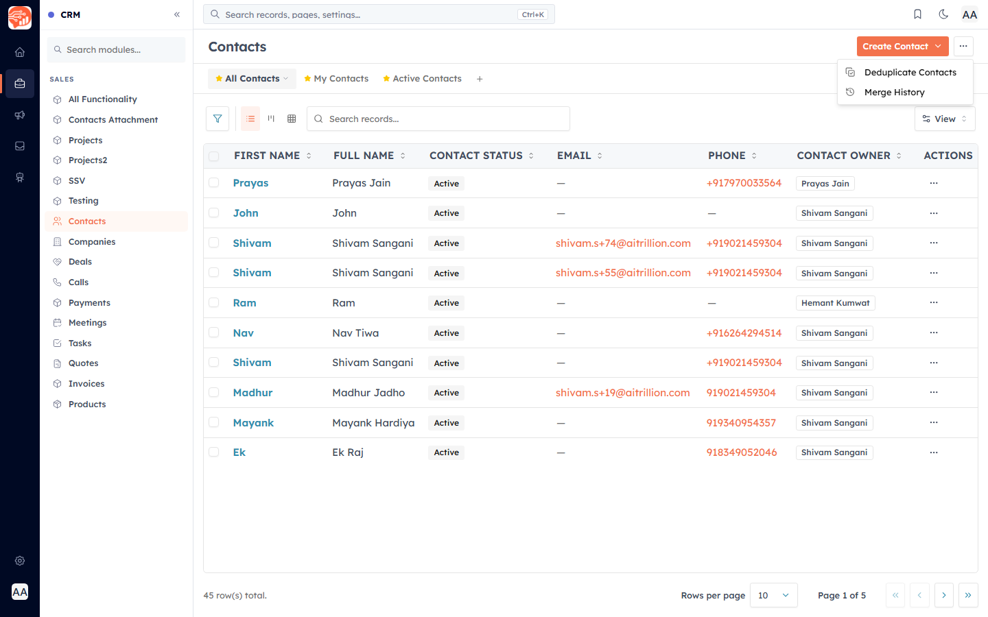 The contacts list menu with Deduplicate Contacts and Merge History