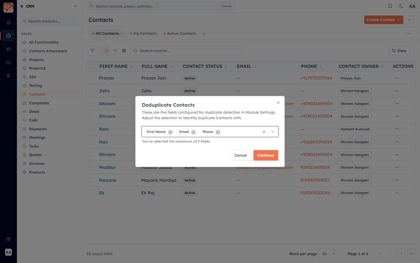 The Deduplicate Contacts dialog choosing match fields