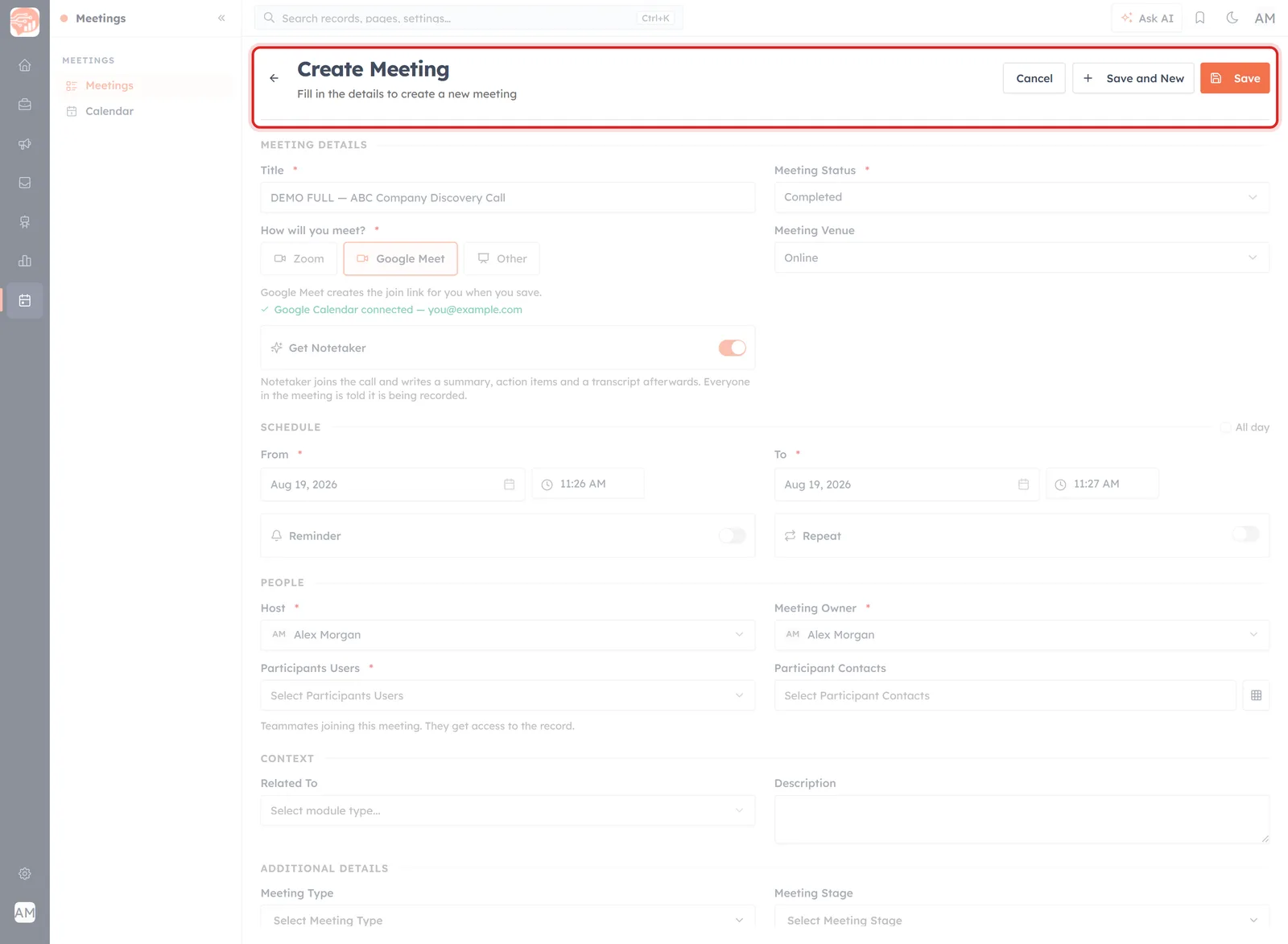 The Create Meeting form opened by Clone, prefilled from the original