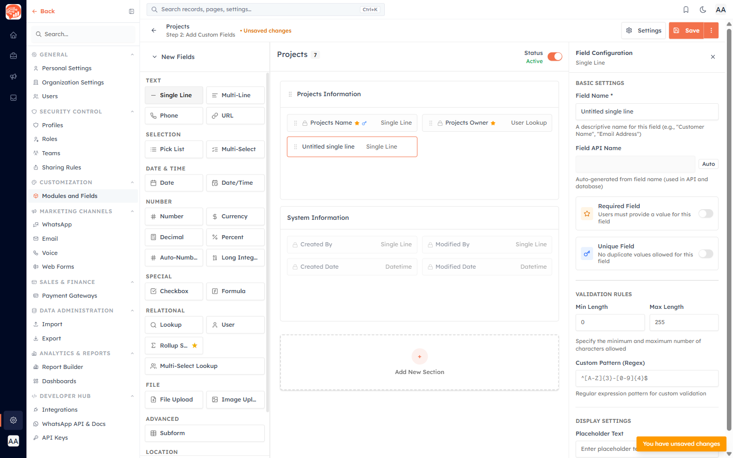 Module Builder with a field added to the canvas and the Config Panel open on the right showing field configuration options