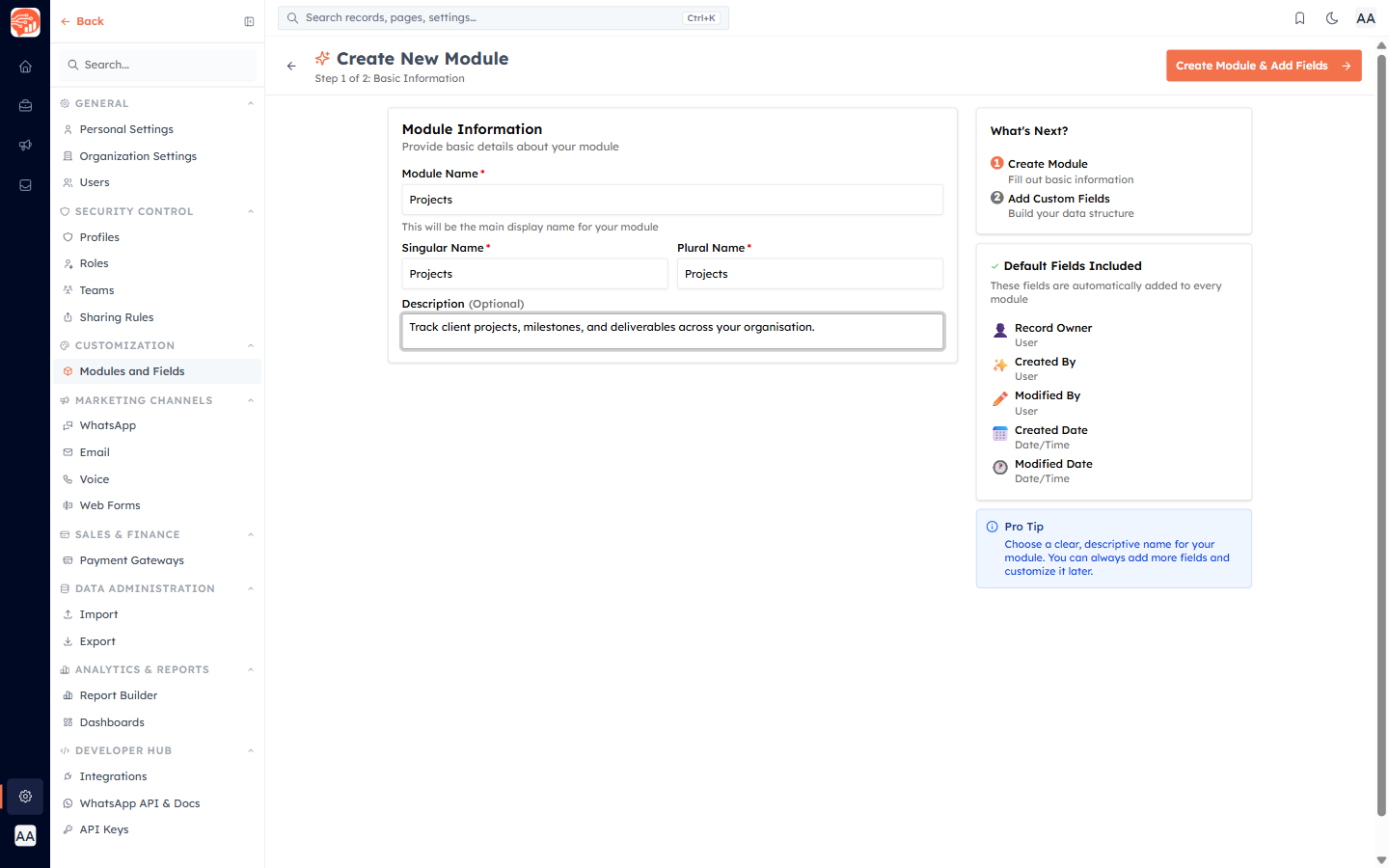 Create Module form filled in with Projects as the module name, showing the active Create Module & Add Fields button