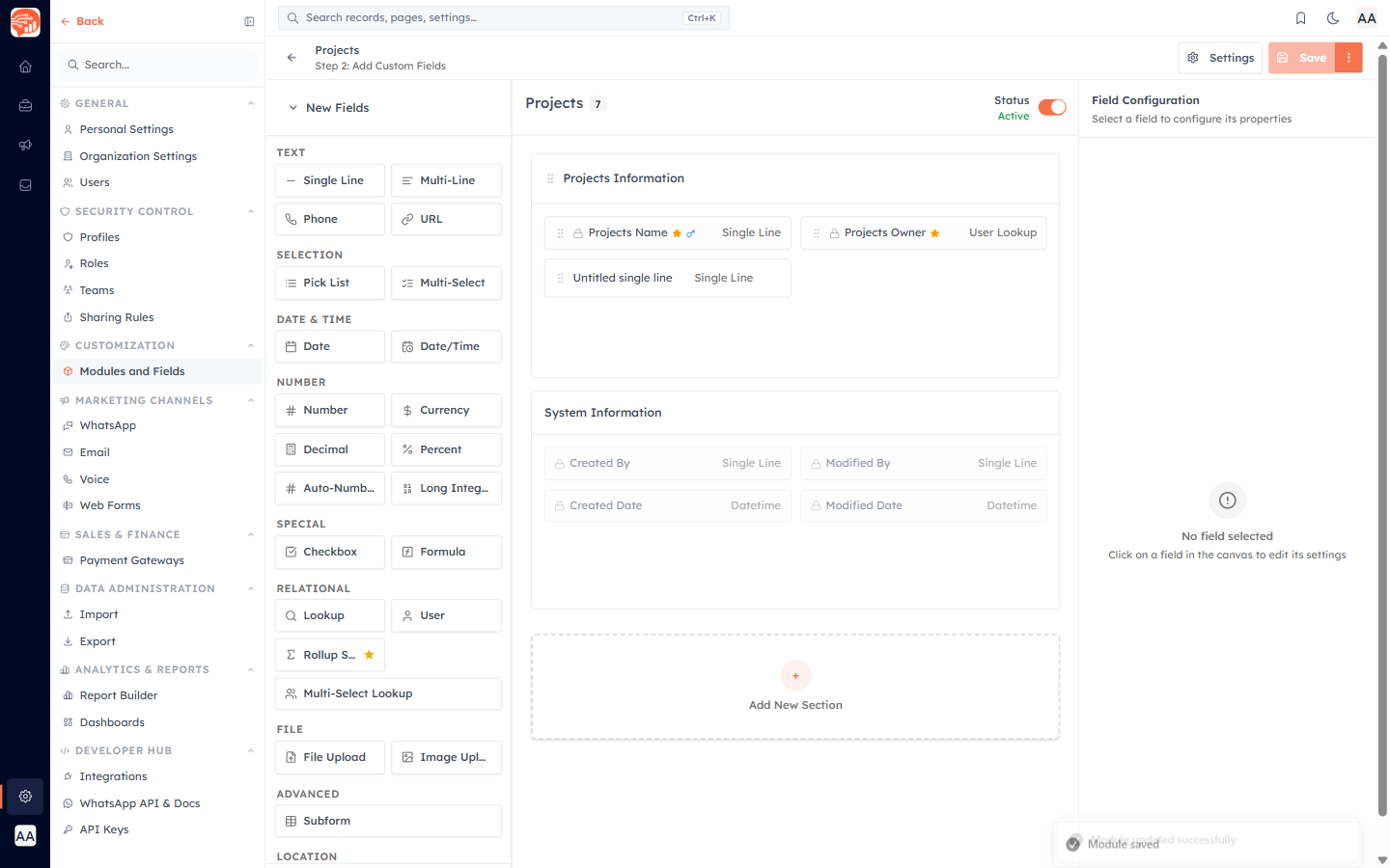 Save dropdown in the Module Builder showing the Save and Save and Close options