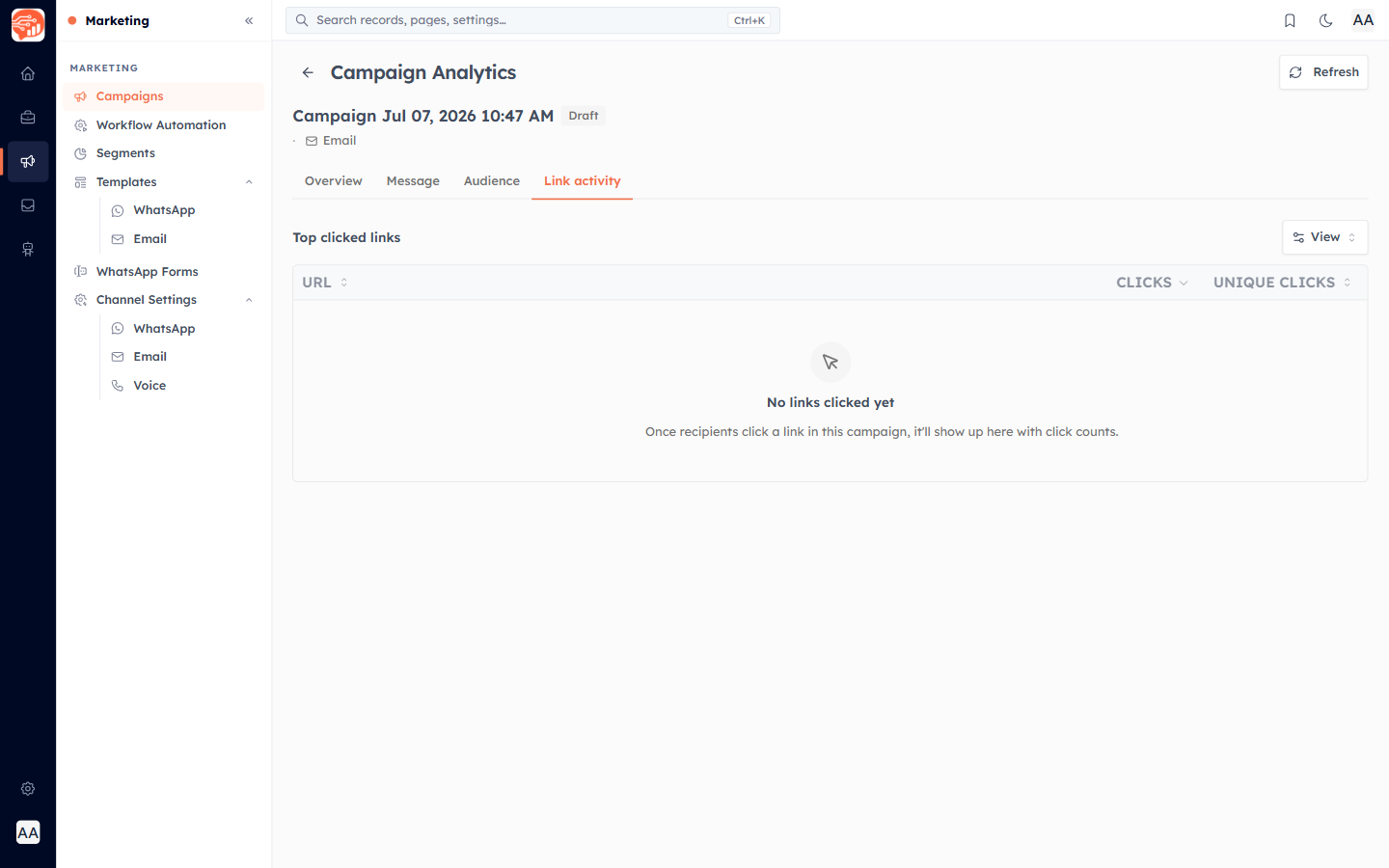 The Link activity tab showing clicks per link