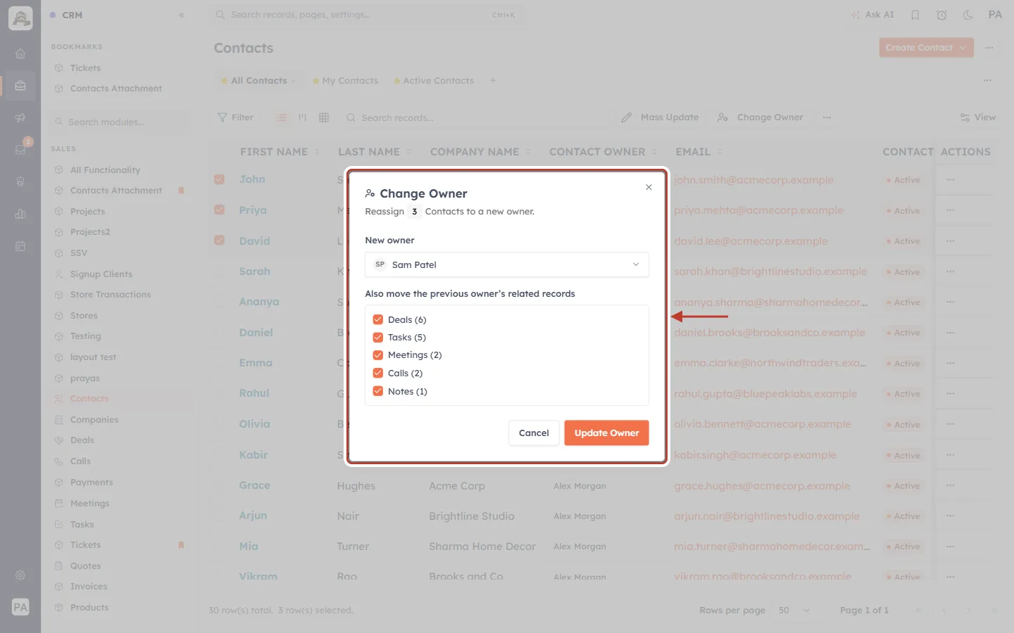 Change Owner for three contacts with related records