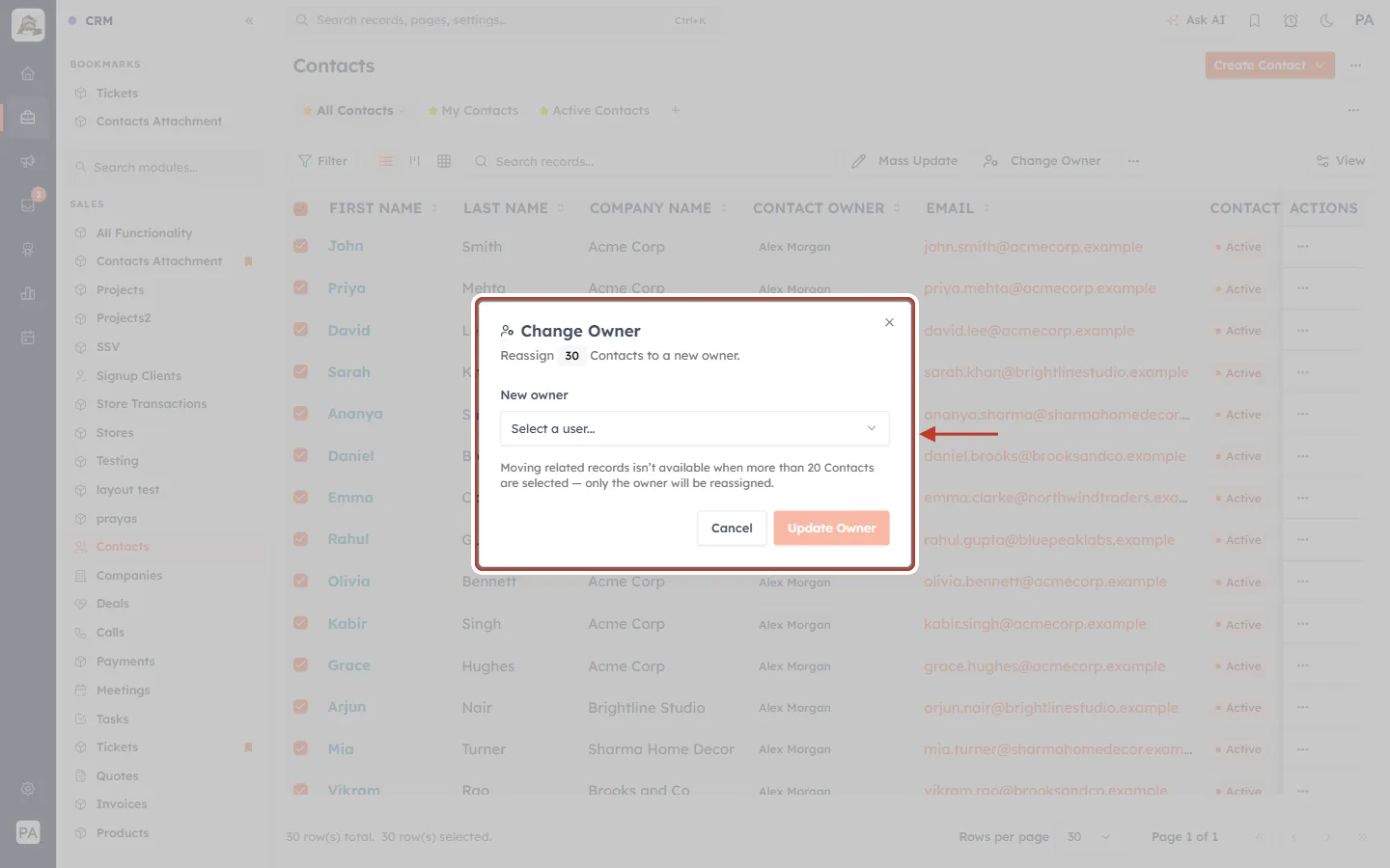 Change Owner for 30 contacts, without related records