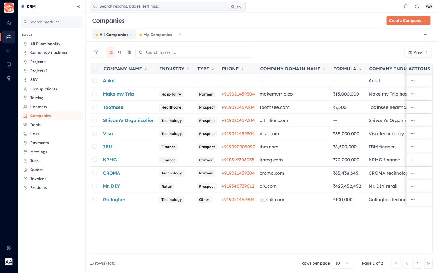The Companies list with saved views, search, and view toggles