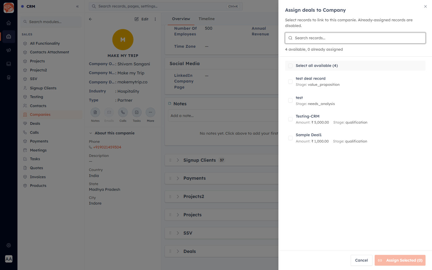 The Assign dialog for linking existing deals to a company