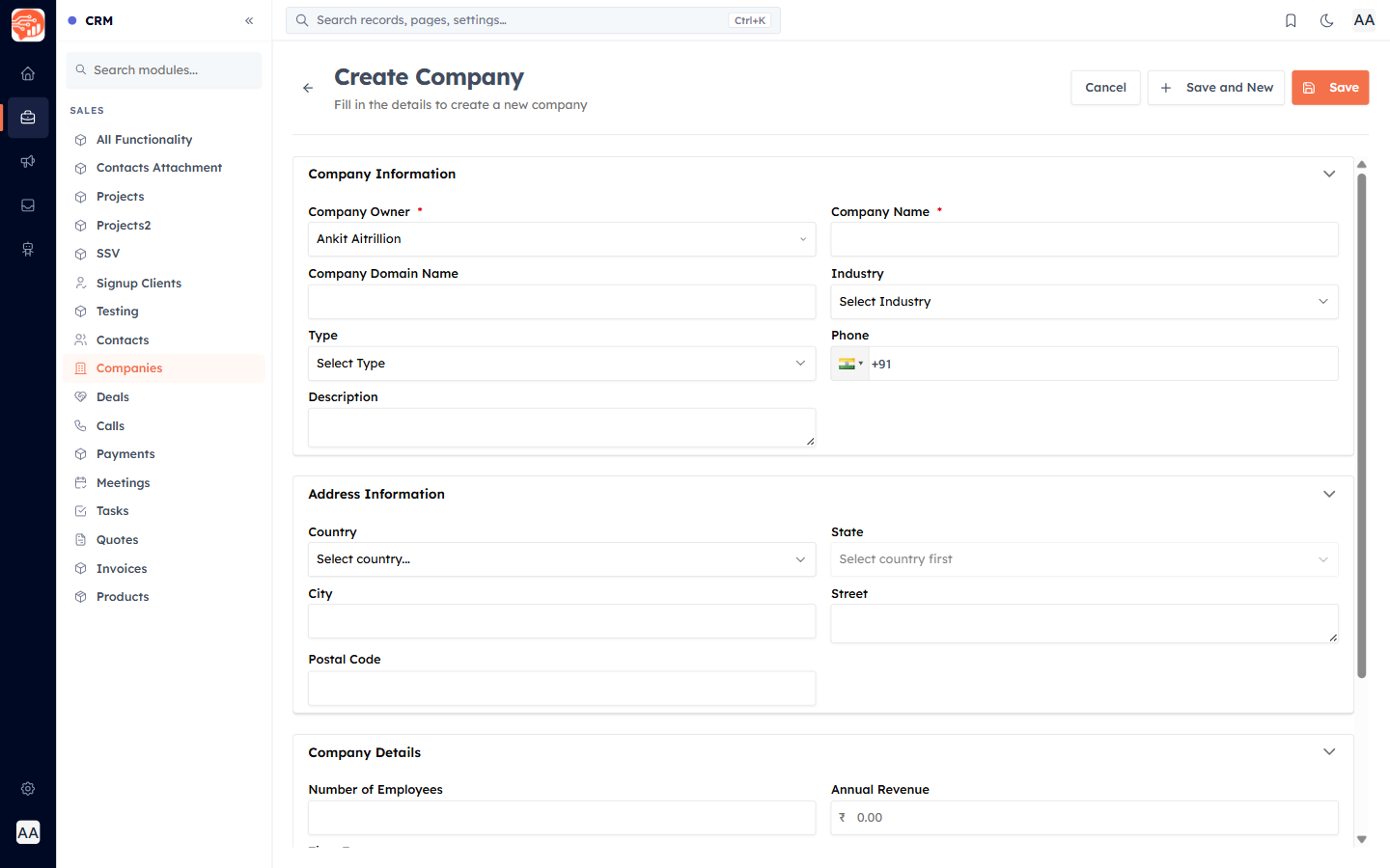 The Create Company form