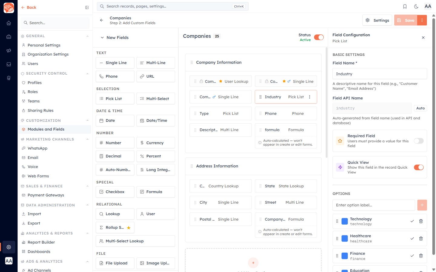 Editing the Industry pick-list options in the Module Builder